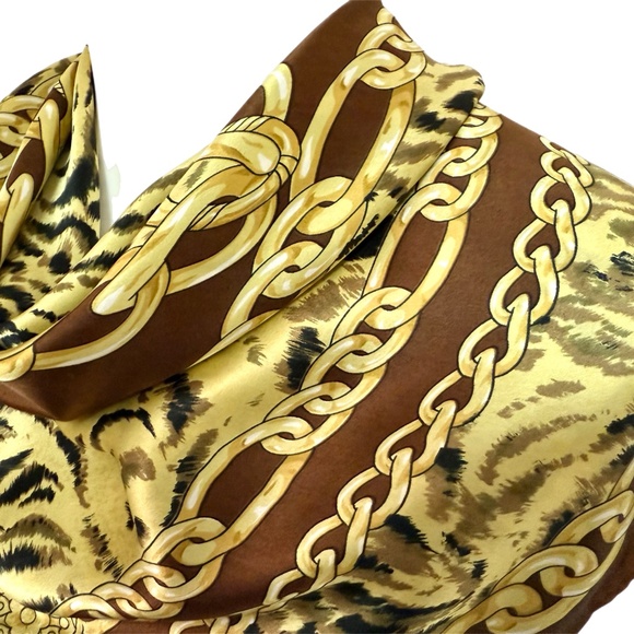 Vintage Bill Blass Silk Scarf – Brown Gold Chain & Animal Print - Picture 5 of 7